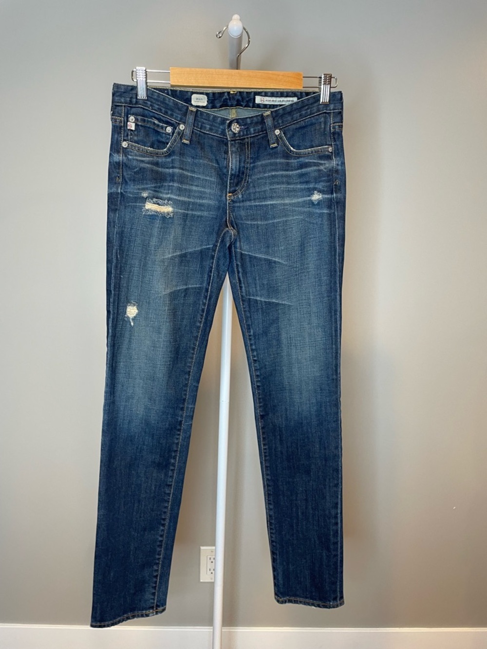 AG Adriano Goldschmied Dark Blue “The Stilt” Cigarette Jeans w Light Distressing